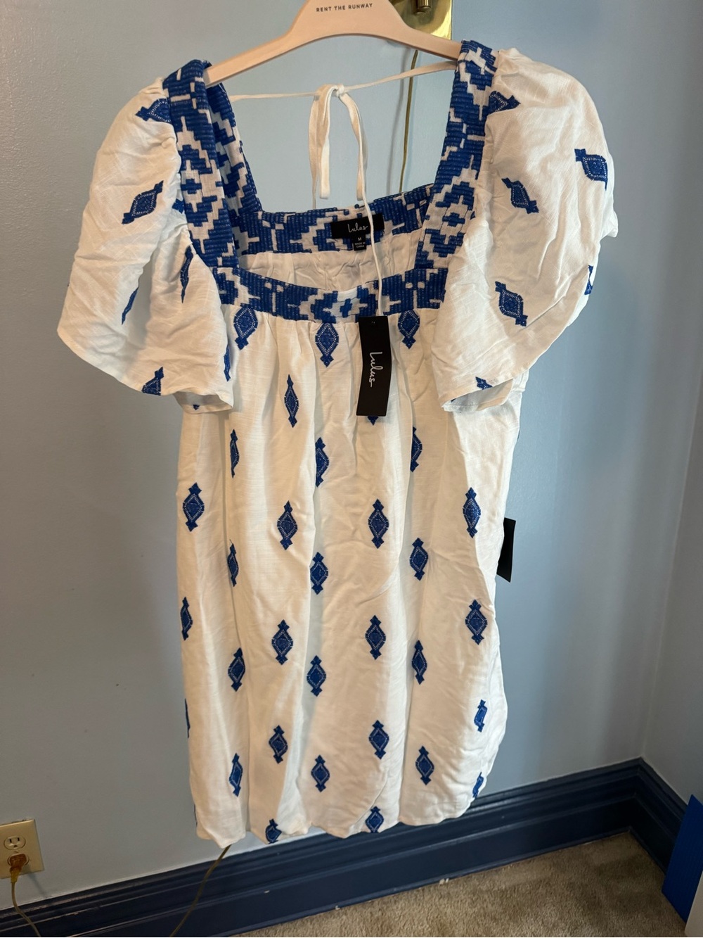 Lulu's White Peasant Tunic with Blue Embroidered Square Neck